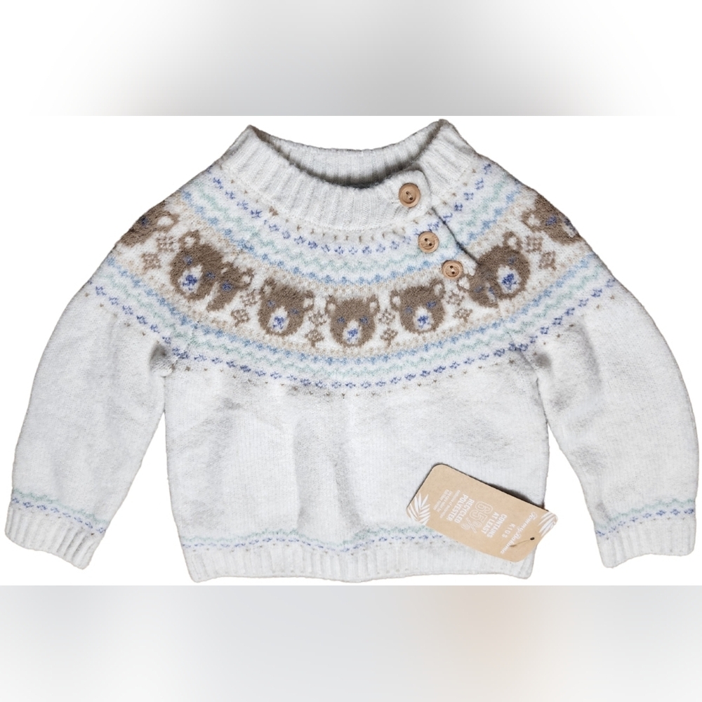 Cozy White and Brown Sweater with Bear Design, 24 months